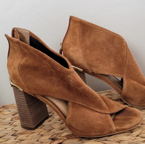 Camel Brown Suede Leather Heel Sandal - Picture 1 of 6